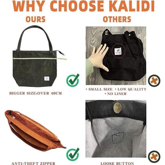 Women Corduroy Tote Bag Zipper Casual Tote's Handbag Big Capacity Shoulder Bag - Picture 5 of 6